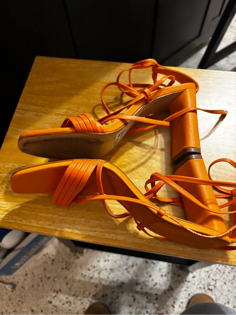 Schutz Glenna Ankle Tie Sandals in a vibrant bright tangerine 7.5